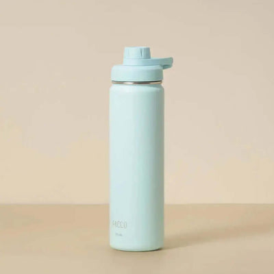 Garrafa Térmica PACCO Hydrav2 650ml azul claro em superfície neutra, ideal para bebidas quentes e frias com design sofisticado.
