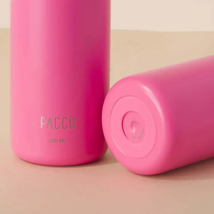 Garrafa Térmica PACCO Hydrav2 650ml rosa, alto desempenho térmico com design sofisticado e isolamento a vácuo de parede dupla.