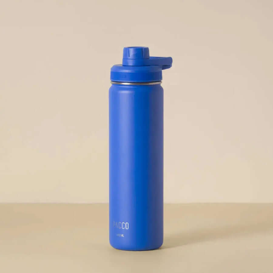Garrafa Térmica PACCO Hydrav2 650ml azul, alto desempenho térmico, design elegante e isolamento a vácuo para bebidas quentes e frias.