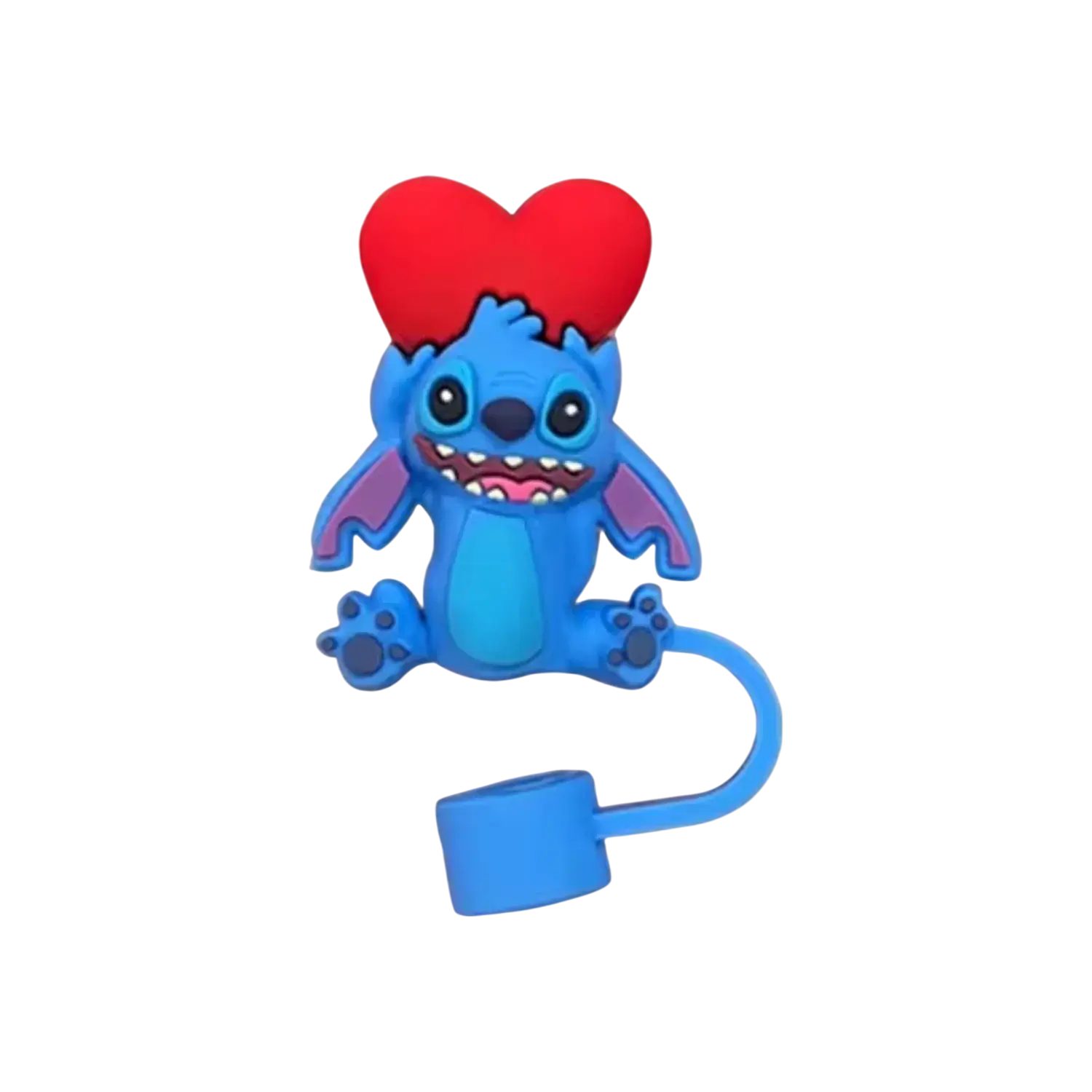 Protetor de Canudo Quencher - Variados, design criativo de silicone azul com personagem fofo e coração vermelho.