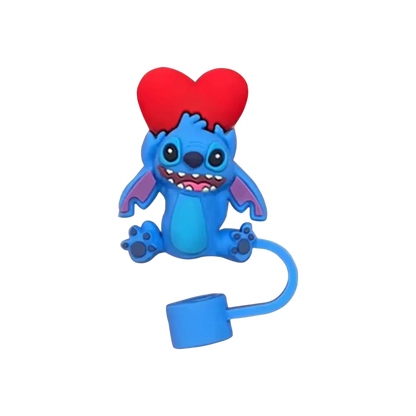 Protetor de Canudo Quencher - Variados, design criativo de silicone azul com personagem fofo e coração vermelho.