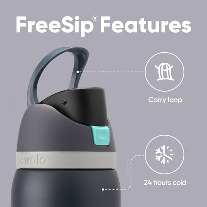 Design da Garrafa Térmica Owala FreeSip - 946ml | 32oz com bico FreeSip e alça de transporte destacada.