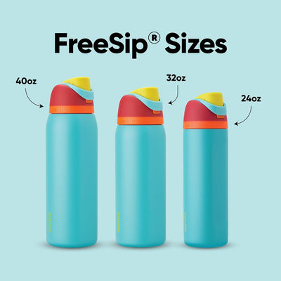 Três garrafas Owala FreeSip em diferentes tamanhos: 40oz, 32oz e 24oz, destacando a Garrafa Térmica Owala FreeSip - 1180ml | 40oz.