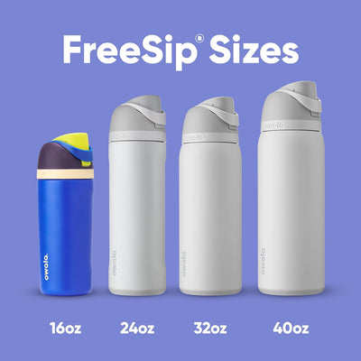 Tamanhos Garrafa Térmica Owala FreeSip - 470ml | 16oz, 24oz, 32oz, 40oz em diferentes cores sobre fundo roxo.