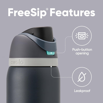 Características da Garrafa Térmica Owala FreeSip - 1180ml | 40oz, com bico FreeSip™ e abertura com botão de pressão, vedação completa.