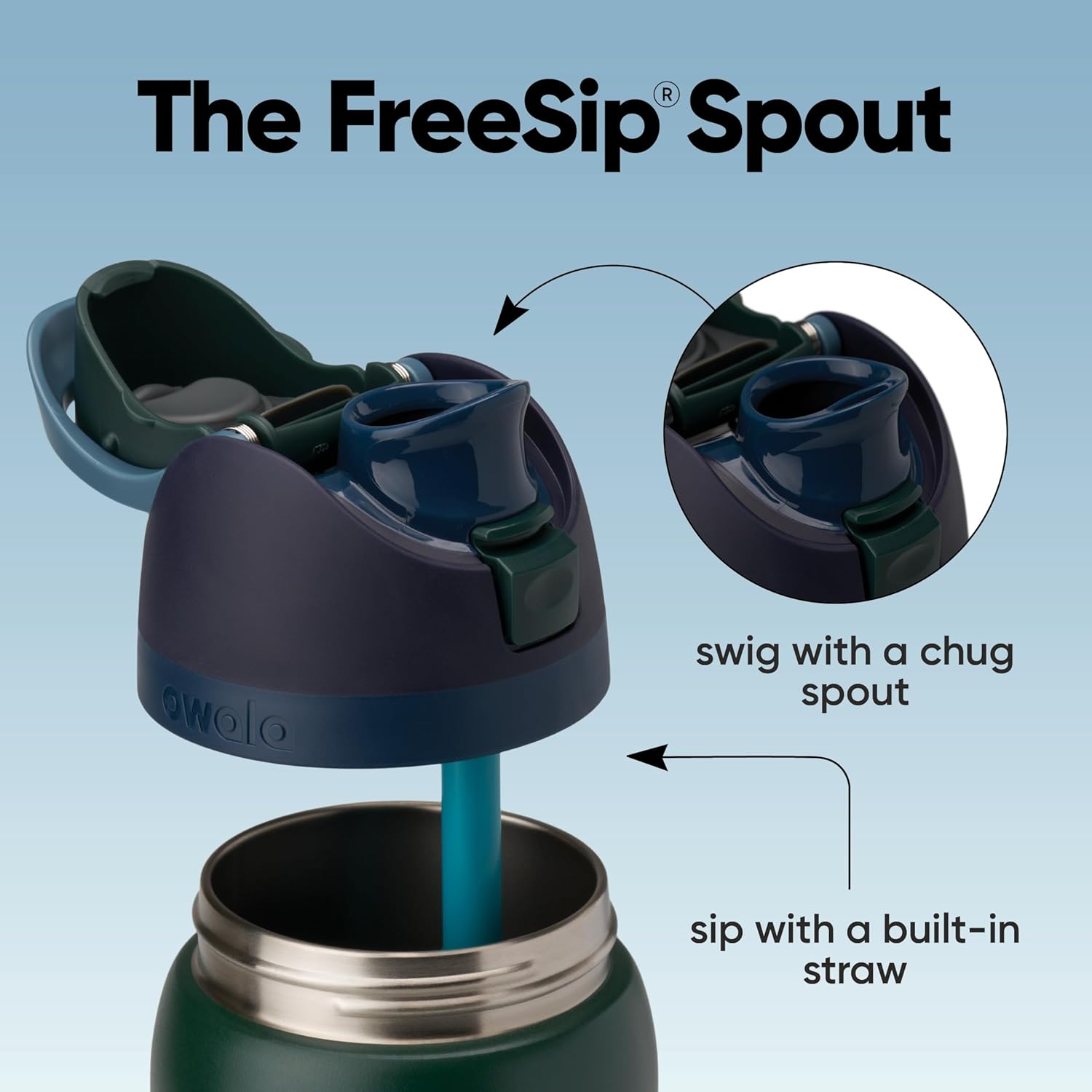 Detalhe do bico FreeSip da Garrafa Térmica Owala FreeSip - 946ml | 32oz com canudo interno e bocal largo para beber.