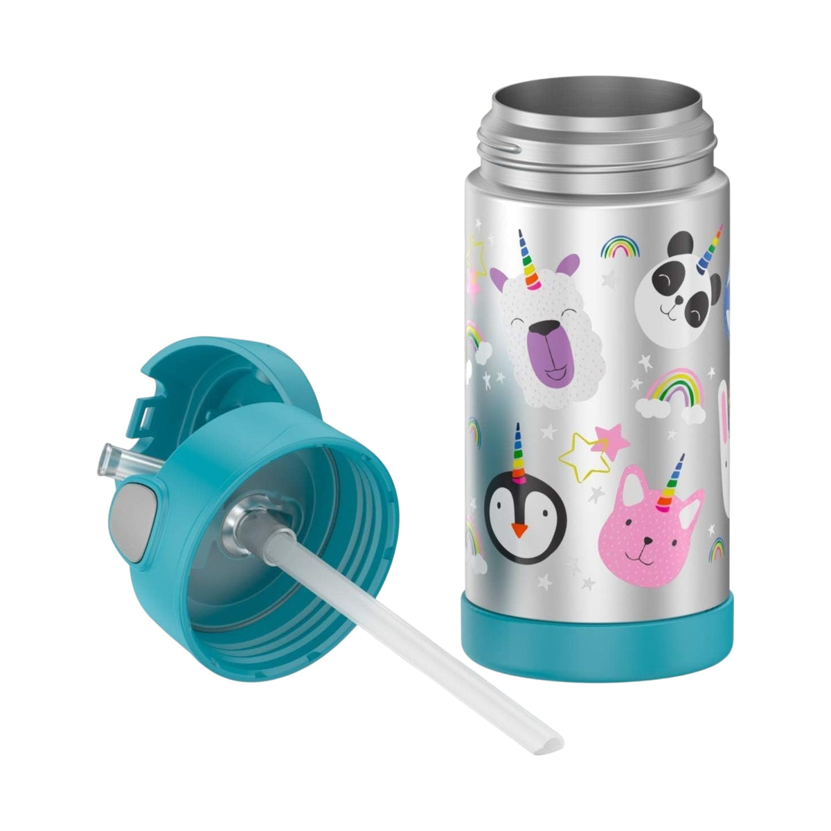 Garrafa Térmica Funtainer Thermos - 355ml com desenhos de animais, tampa azul separada e canudo retrátil, ideal para manter bebidas geladas.