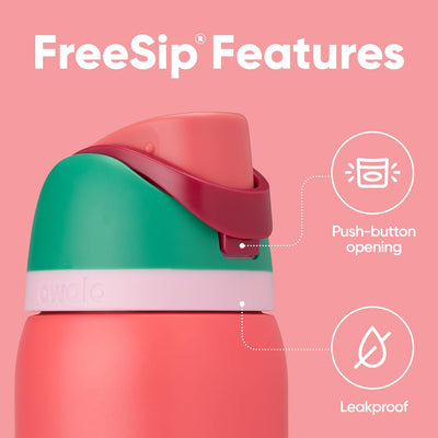 Garrafa Térmica Owala FreeSip - 946ml | 32oz em rosa e verde, com bico patenteado FreeSip™ e design à prova de vazamentos.