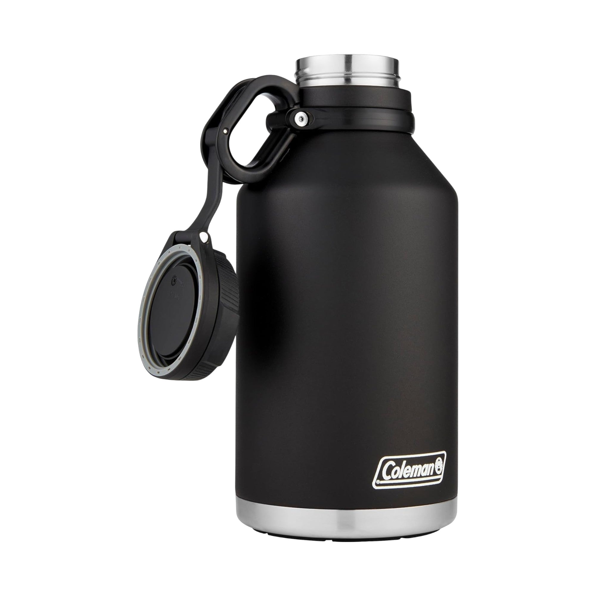 Growler 1,9L Preto Coleman com design térmico em aço inoxidável, ideal para conservar bebidas em viagens e atividades ao ar livre.