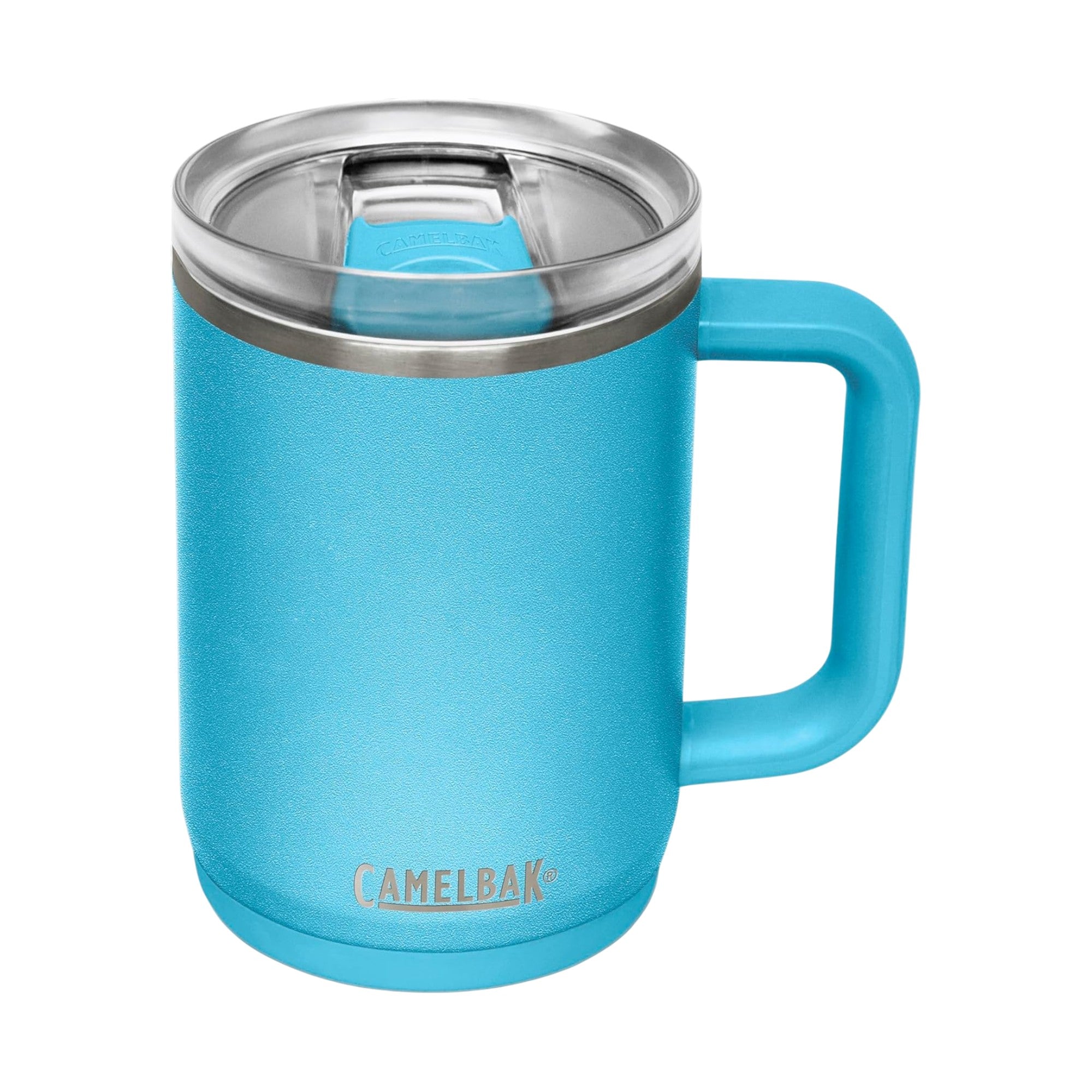 Caneca Térmica Thrive Camelbak 470ml azul com tampa à prova de vazamentos e alça ergonômica, mantém bebidas quentes e frias.