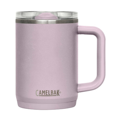 Caneca Térmica Thrive Camelbak 470ml rosa com tampa à prova de vazamentos e alça ergonômica, ideal para bebidas quentes e frias.