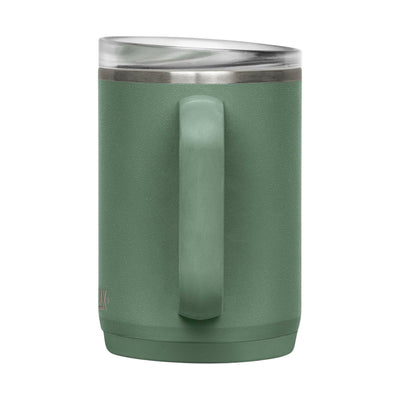 Caneca Térmica Thrive Camelbak 470ml em verde com tampa à prova de vazamentos e alça ergonômica, ideal para bebidas quentes e frias.