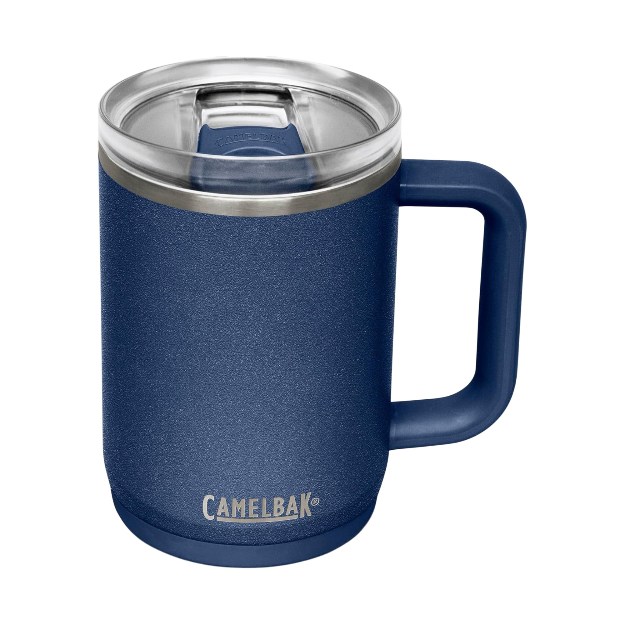 Caneca Térmica Thrive Camelbak 470ml azul com tampa transparente e alça ergonômica, ideal para manter bebidas quentes ou frias.
