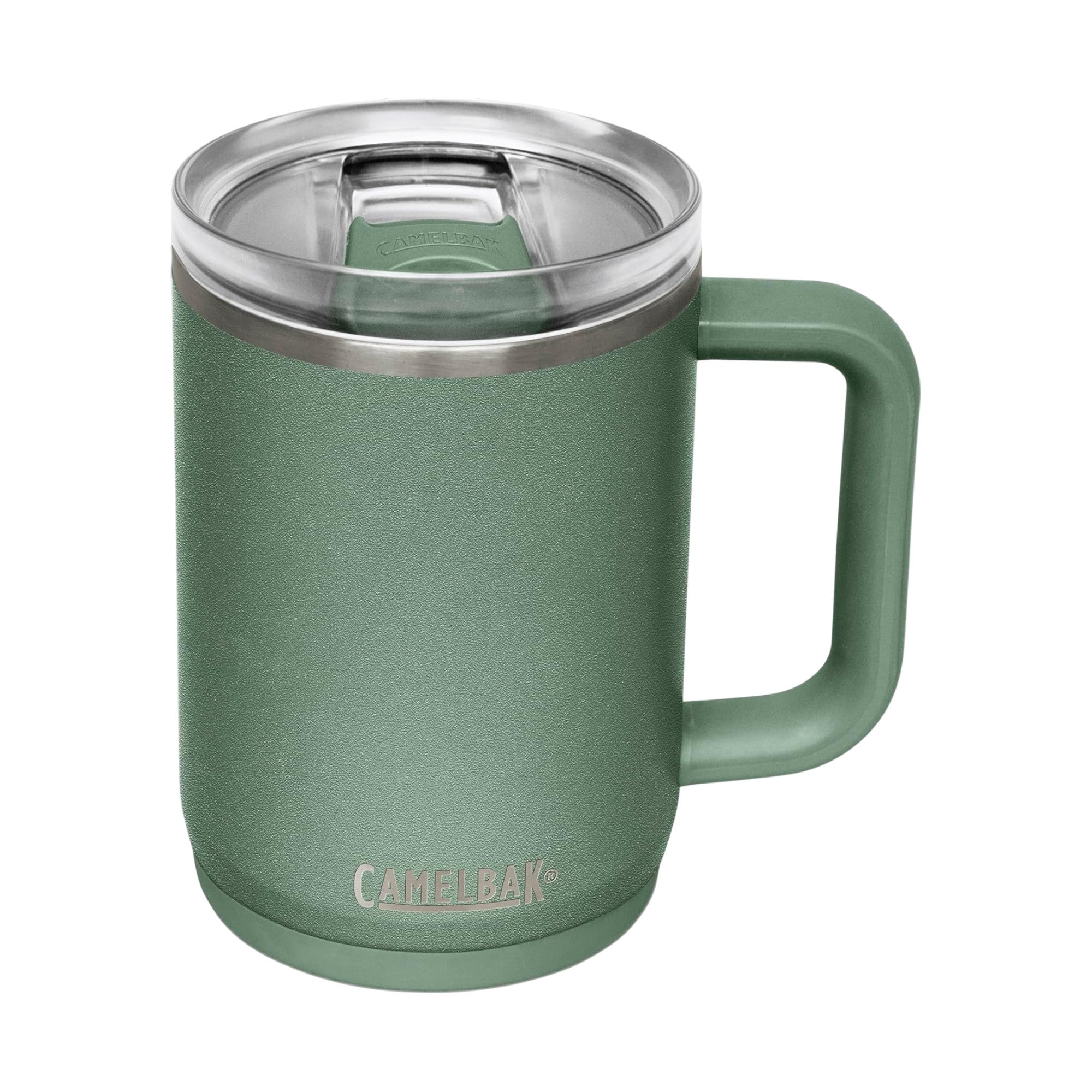 Caneca Térmica Thrive Camelbak 470ml verde com alça ergonômica e tampa à prova de vazamentos, ideal para bebidas quentes e frias.