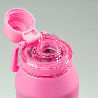 Garrafa Térmica PACCO Vyta 950ml rosa com tampa aberta, destacando o design em aço inox e isolamento térmico para bebidas quentes e frias.