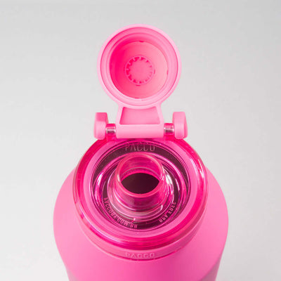 Abertura da Garrafa Térmica PACCO Vyta 950ml rosa com tampa destacada, destacando design sofisticado e função térmica avançada.