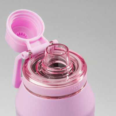 Garrafa Térmica PACCO Vyta 950ml em rosa com tampa aberta, destacando o design elegante e isolamento térmico.