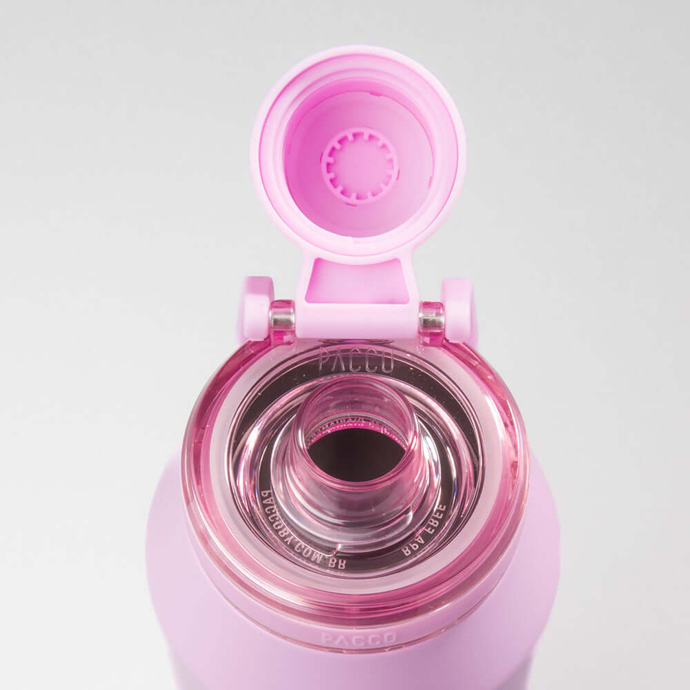 Garrafa Térmica PACCO Vyta 950ml rosa com tampa aberta, destacando o design sofisticado e vedação térmica em aço inox.