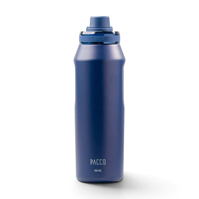 Garrafa Térmica PACCO Vyta 950ml azul com corpo em aço inox para isolamento térmico e preservação do sabor da bebida.