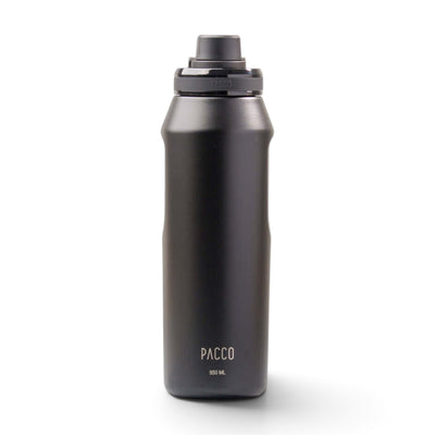 Garrafa Térmica PACCO Vyta 950ml em aço inoxidável com isolamento a vácuo para bebidas frias e quentes, cor preto elegante.