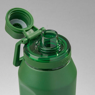 Garrafa Térmica PACCO Vyta 950ml verde com tampa aberta destacando seu design sofisticado e isolamento térmico eficiente.