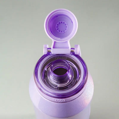 Garrafa Térmica Vyta 950ml PACCO | PEDRAS PRECIOSAS com tampa aberta vista de cima, destacando design sofisticado e eficiência térmica.