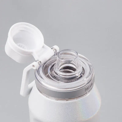 Garrafa Térmica Vyta 950ml PACCO | PEDRAS PRECIOSAS com tampa aberta mostrando bocal de aço inox premium, sofisticada e sustentável.