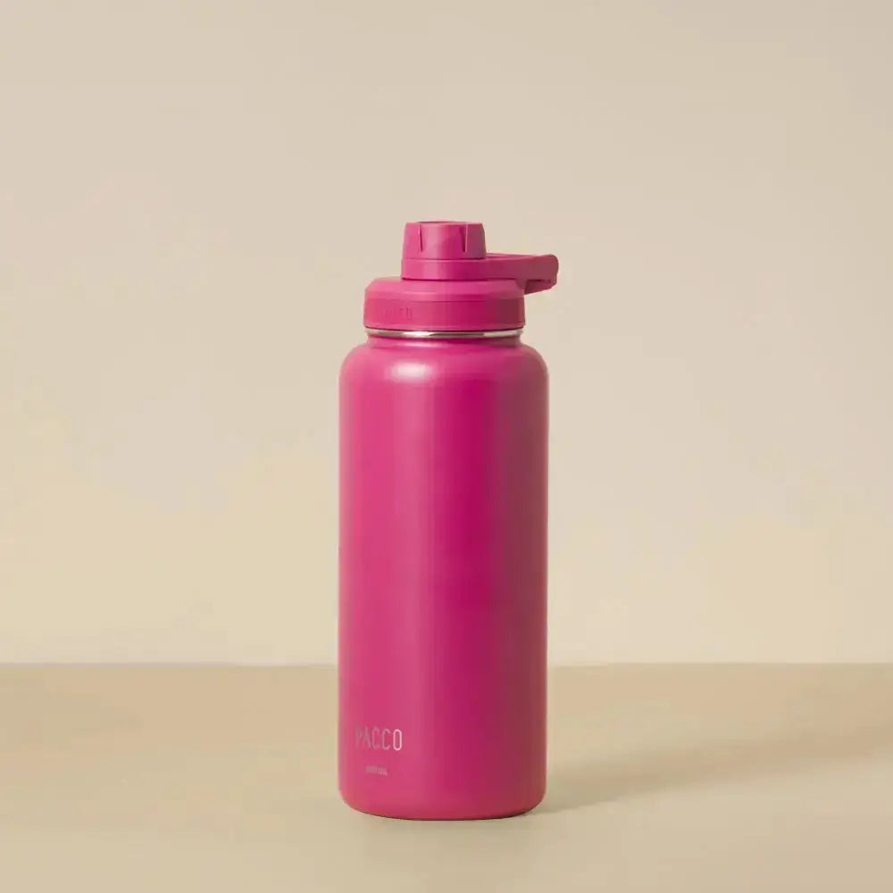 Garrafa Térmica PACCO Hydrav2 950ml em rosa, design moderno e isolamento térmico de parede dupla para manter bebidas frias ou quentes.