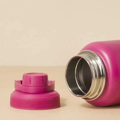 Garrafa Térmica PACCO Hydrav2 950ml rosa com tampa removida, mostrando o interior em aço inoxidável para isolamento térmico eficiente.