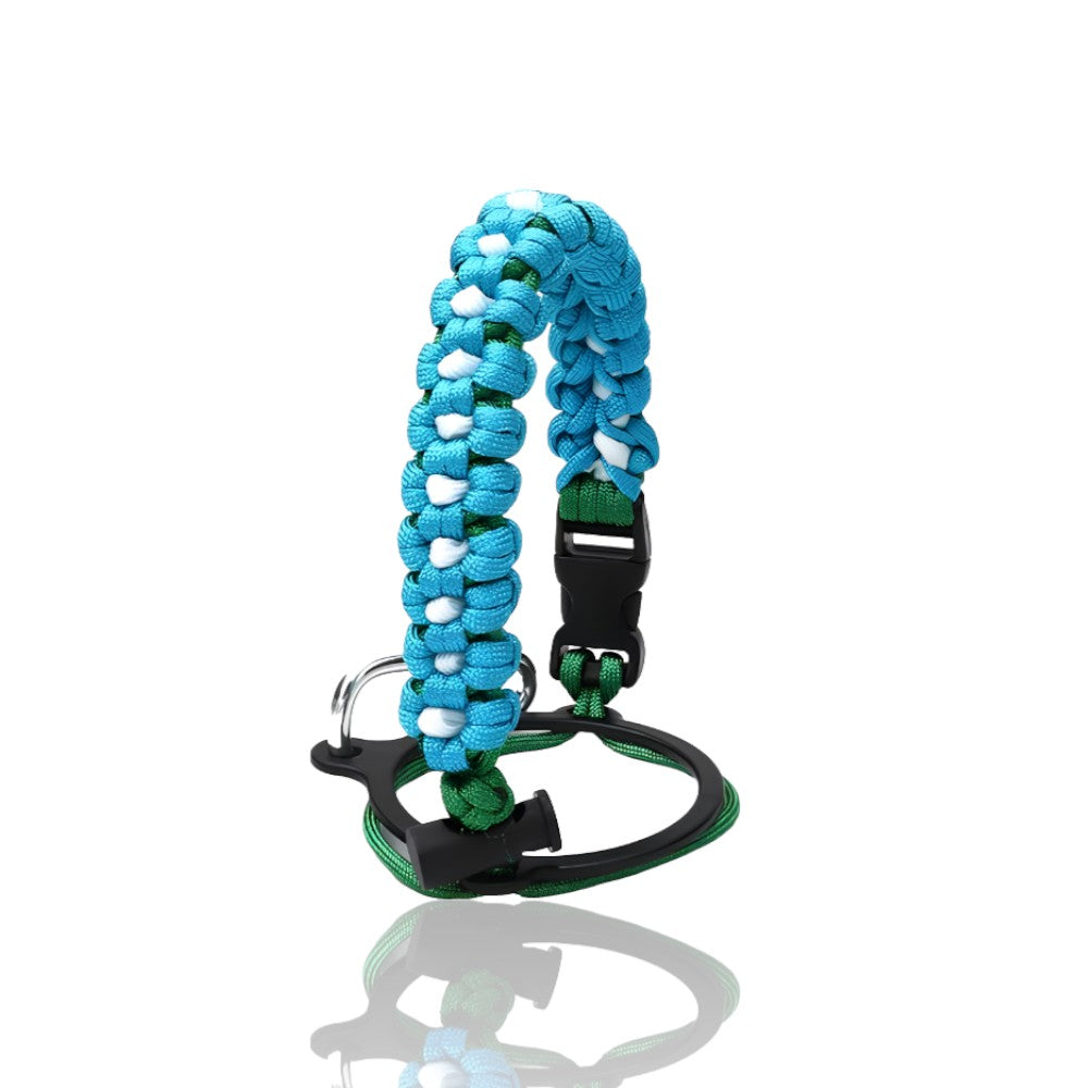 Alça de Mão - Floral ajustável em paracord azul e verde com design ergonômico para transporte confortável de garrafas.