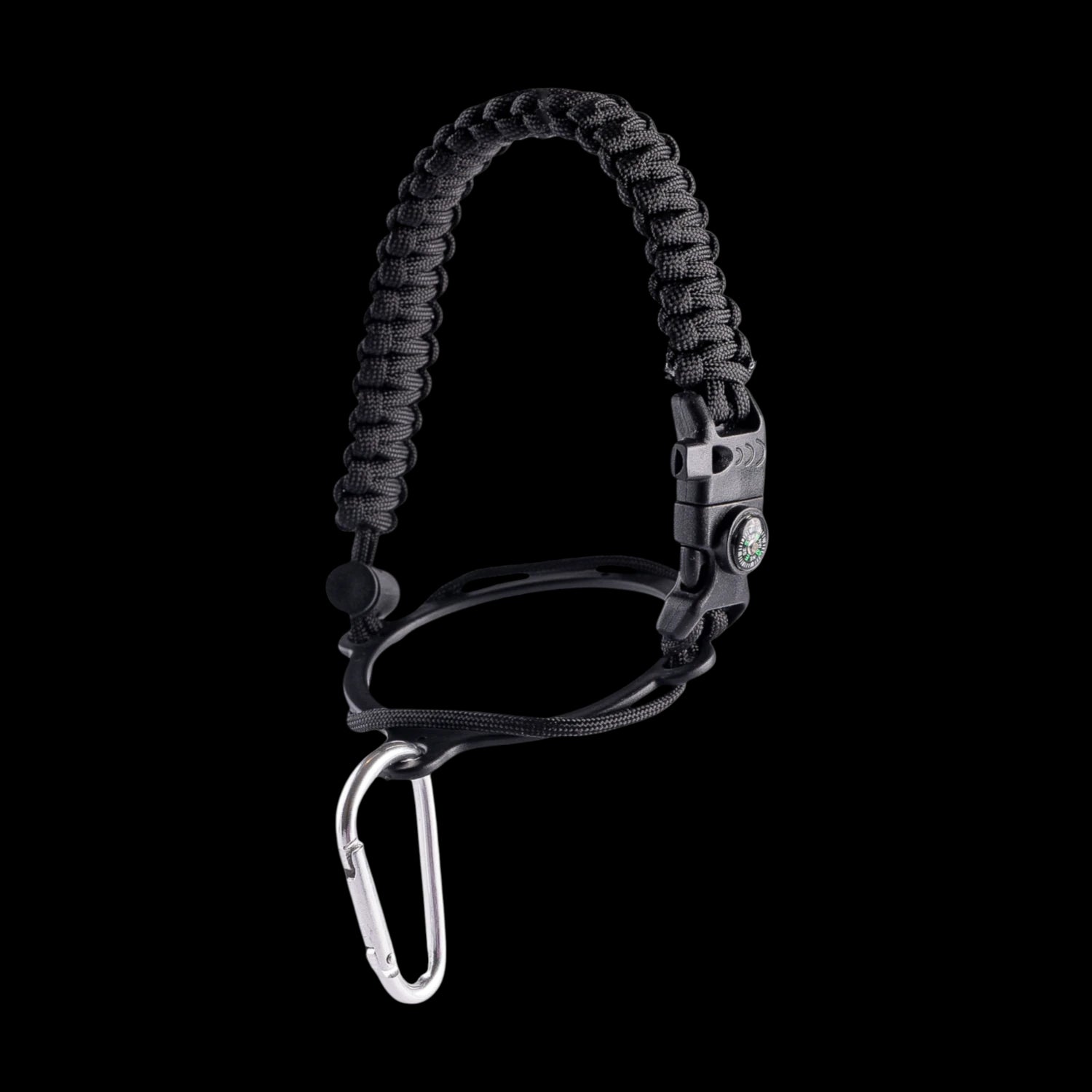 Alça para Garrafa Térmica de Mão com bússola e apito, fabricada em paracord preto para aventuras ao ar livre.