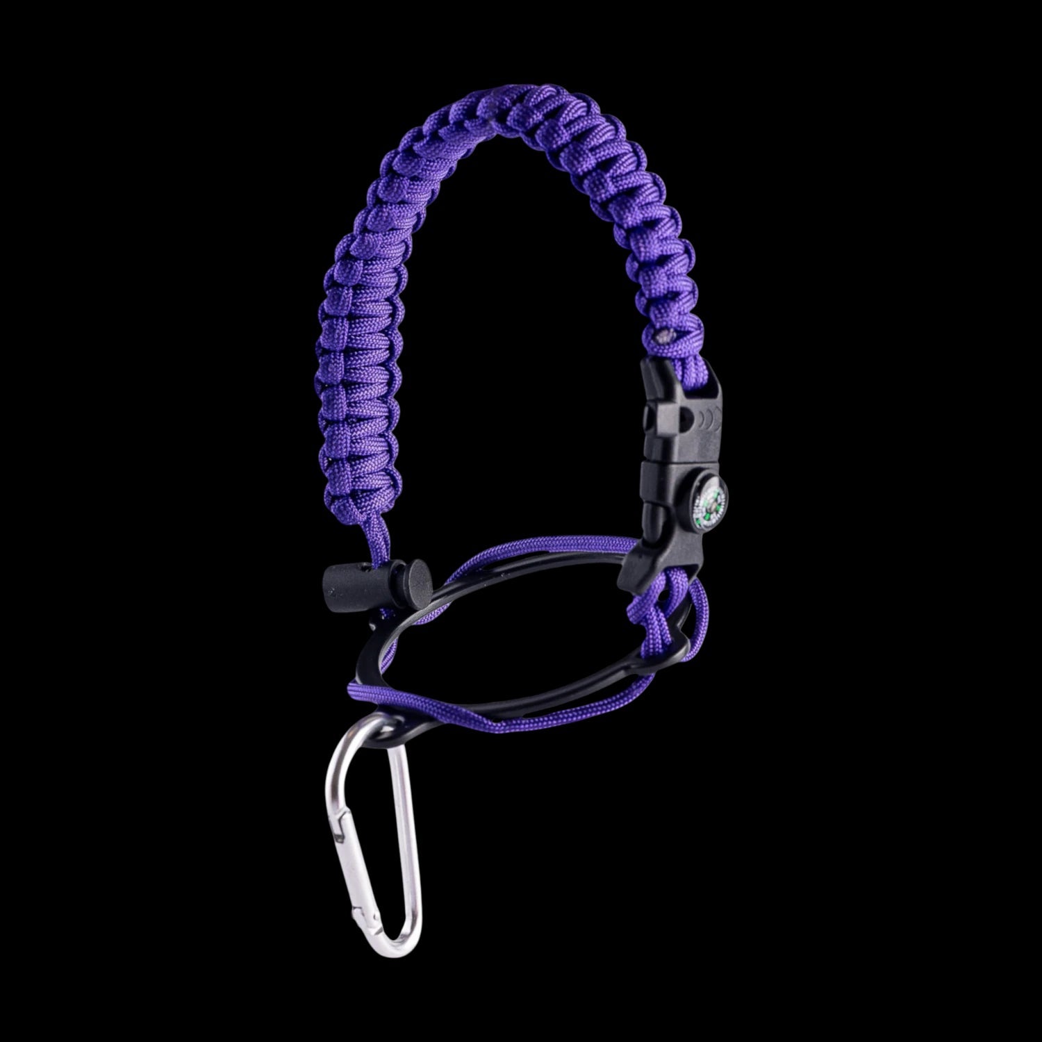 Alça para Garrafa Térmica de Mão com paracord roxo, bússola, apito e mosquetão, ideal para aventuras ao ar livre.