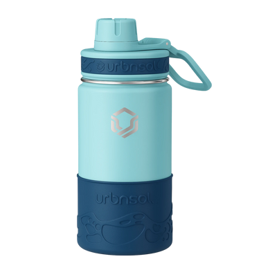 Garrafa Térmica Urbnsol Tradicional - 414ml em azul, mantém líquidos quentes por 6h e frios por 12h, ideal para crianças.