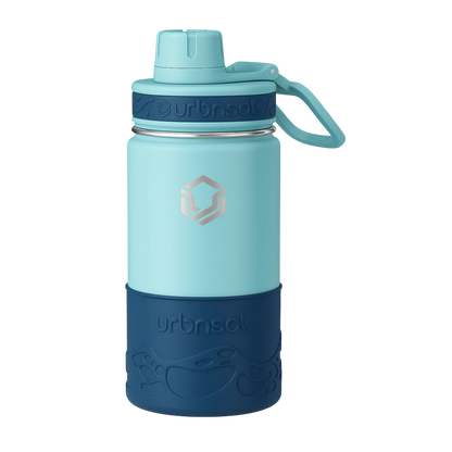 Garrafa Térmica Urbnsol Tradicional - 414ml em azul, mantém líquidos quentes por 6h e frios por 12h, ideal para crianças.