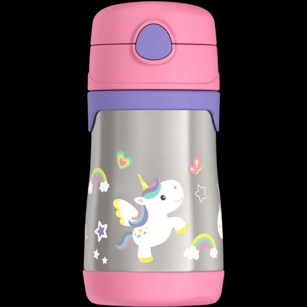 Garrafa Térmica Thermos baby - 290ml com design infantil de unicórnio, ideal para uso por crianças, destacando segurança e praticidade.