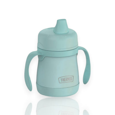 Caneca Térmica Thermos Baby - 210ml azul com alças, ideal para bebês entre 6 meses a 2 anos, antivazamento e fácil de manusear.