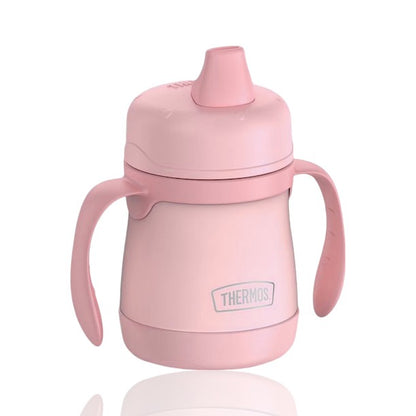 Caneca Térmica Thermos Baby - 210ml rosa com alças antivazamento para bebês, ideal para crianças de 6 meses a 2 anos.