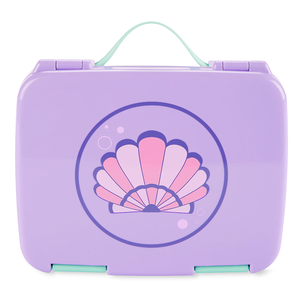Bento Box Zoo e Spark Skip Hop para crianças, caixa roxa com design de concha, vedação segura, fácil de abrir e BPA livre.