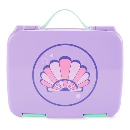 Bento Box Zoo e Spark Skip Hop para crianças, caixa roxa com design de concha, vedação segura, fácil de abrir e BPA livre.