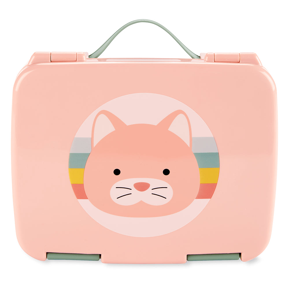 Bento Box Zoo e Spark Skip Hop em rosa com design de gato, ideal para crianças acima de 3 anos, vedação segura e livre de BPA.