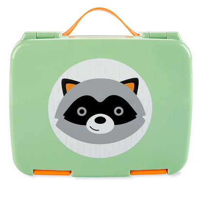 Bento Box Zoo e Spark Skip Hop com estampa de guaxinim, vedação segura e alça flexível, ideal para crianças a partir de 3 anos.