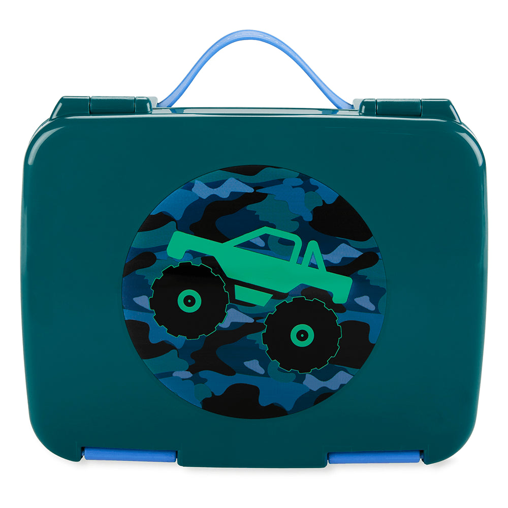 Bento Box Zoo e Spark Skip Hop azul com estampa de carro monstro, ideal para crianças a partir de 3 anos, vedação segura.