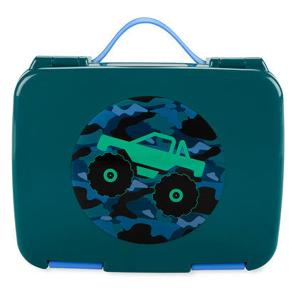 Bento Box Zoo e Spark Skip Hop azul com estampa de carro monstro, ideal para crianças a partir de 3 anos, vedação segura.