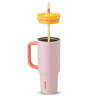 Copo Tumbler Térmico Owala - 1180ml | 40oz com tampa de canudo destacável em rosa e amarelo.