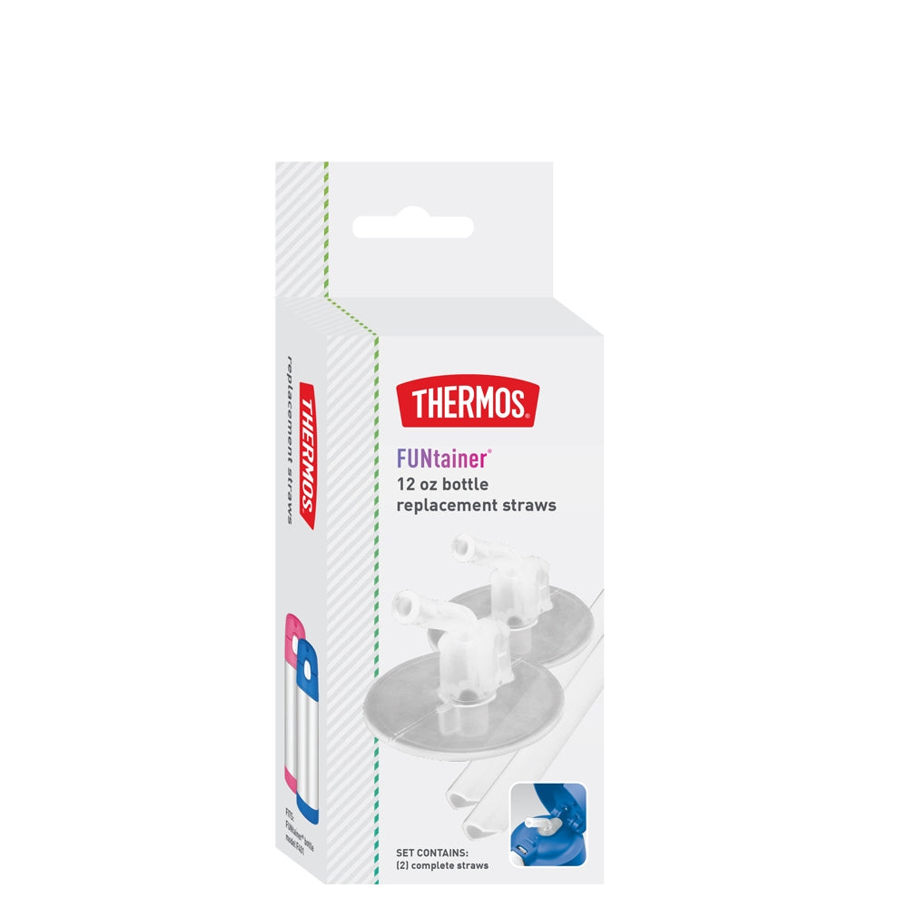 Canudo de reposição Thermos Original para garrafa FUNTAINER 12oz, kit com 2 canudos de silicone e hastes rígidas, embalagem branca e rosa.