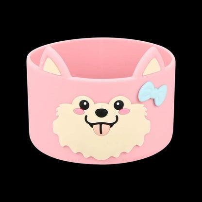 Capa de Silicone Médio - Variados 3D em rosa com ilustração de cão, ideal para copos Quencher e garrafas de 350 ml a 750 ml.