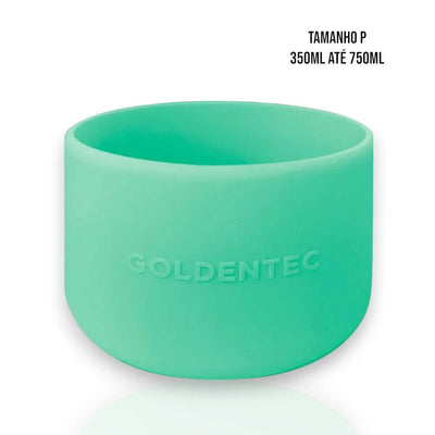 Capa de Silicone Goldentec P verde para proteção de garrafas térmicas de 350ml a 750ml, resistente a impactos e arranhões.