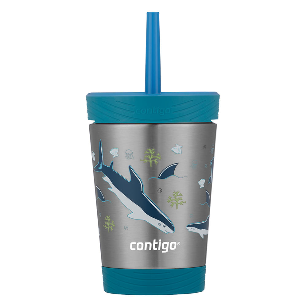 Copo Térmico Contigo THERMALOCK® Kids 341ml com design de tubarões e tampa azul, mantém bebidas geladas por até 10 horas.