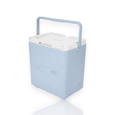 Cooler Chiller Coleman 18,9L com alça articulada e design empilhável, cor azul, ideal para transporte e conservação eficiente.