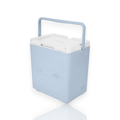 Cooler Chiller Coleman 18,9L com alça articulada e design empilhável, cor azul, ideal para transporte e conservação eficiente.